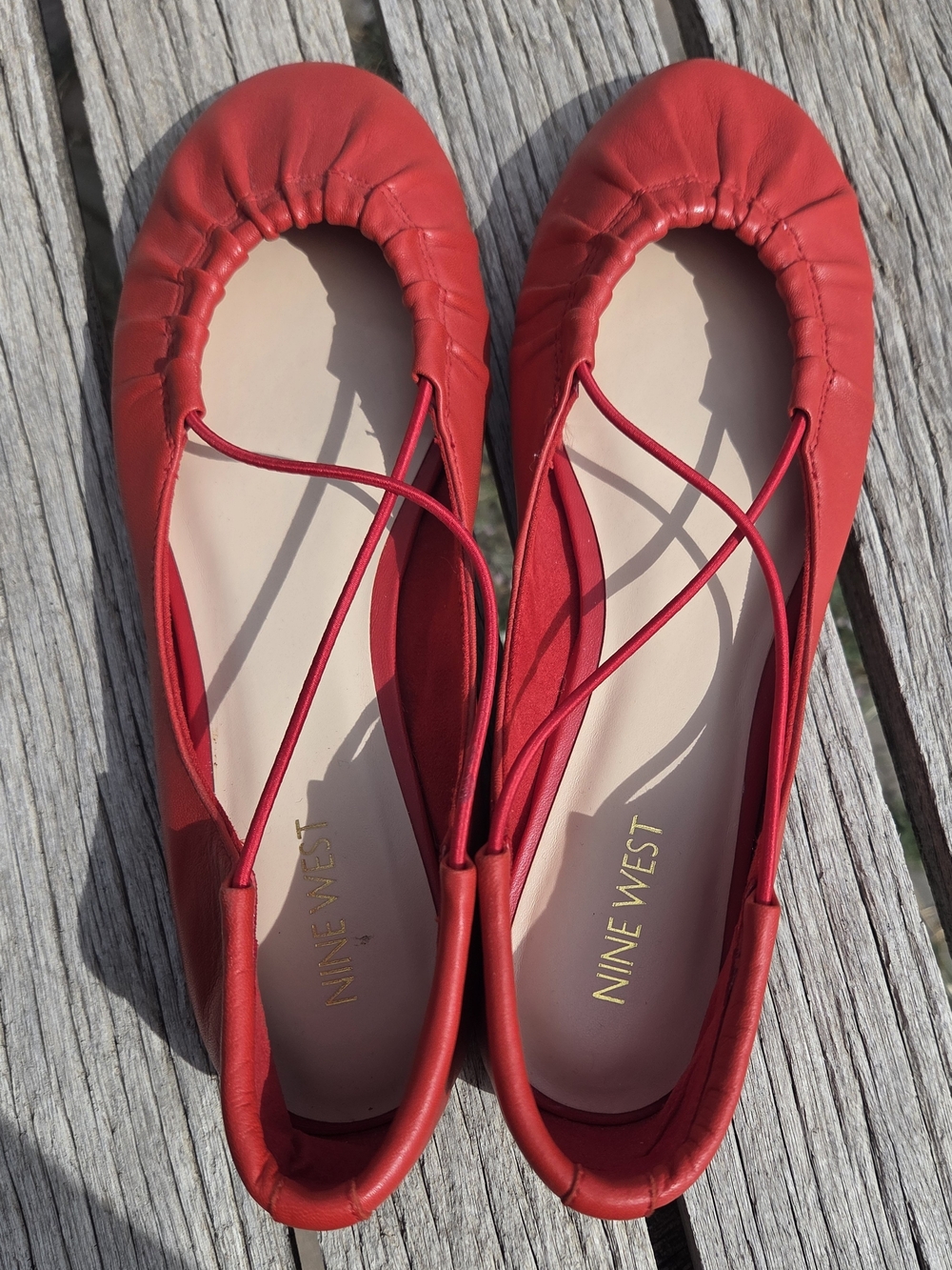 Nine West Red "Maerao" Leather Ballet Flats with Elastic Criss-Cross-Strap - Picture 4 of 10